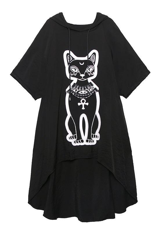 Diy Black Print Low High Design Hooded Ankle Dress Summer