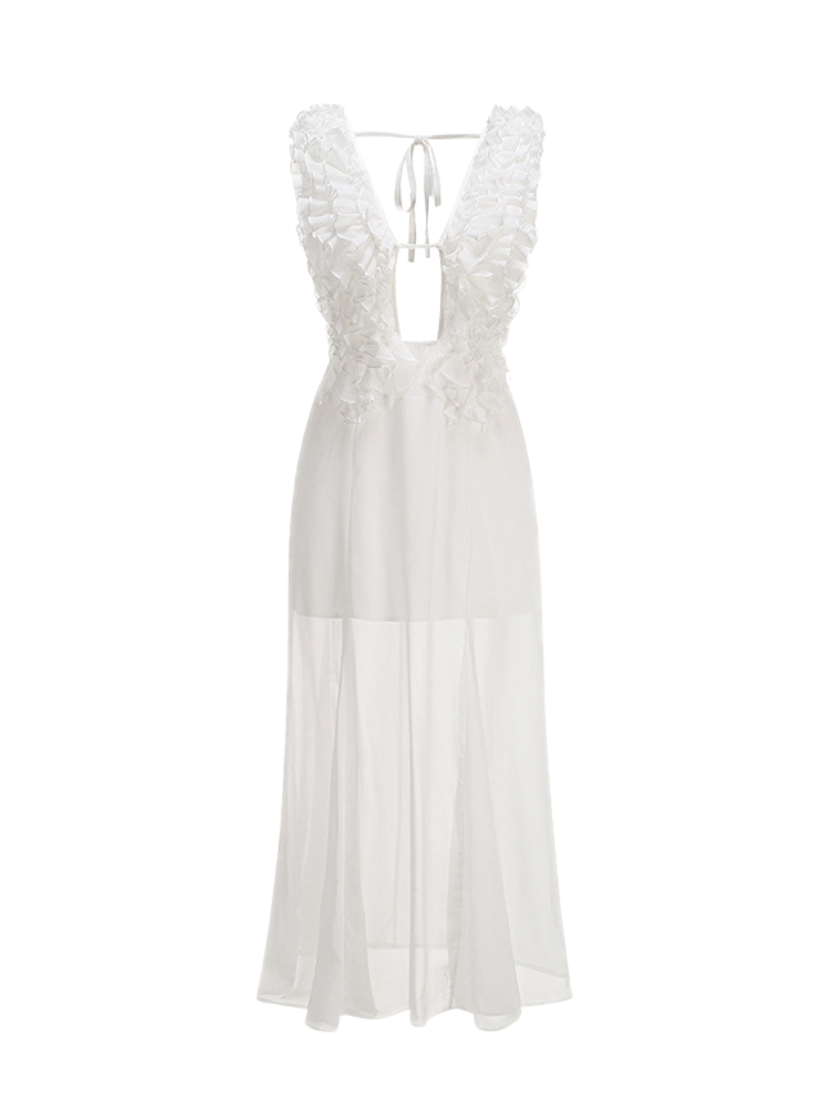 Plunge Neck Ruffle Mesh Midi Dress