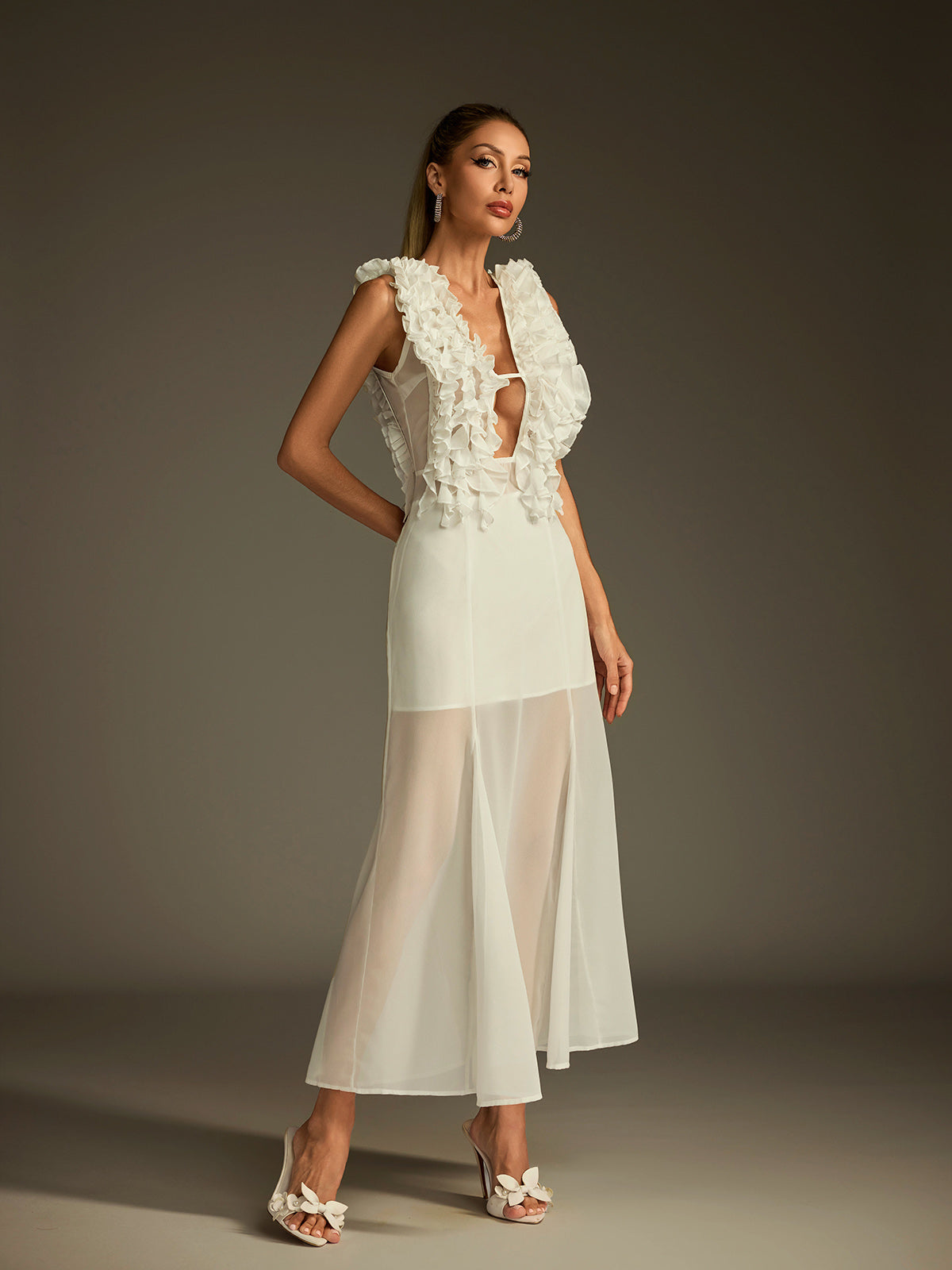 Plunge Neck Ruffle Mesh Midi Dress