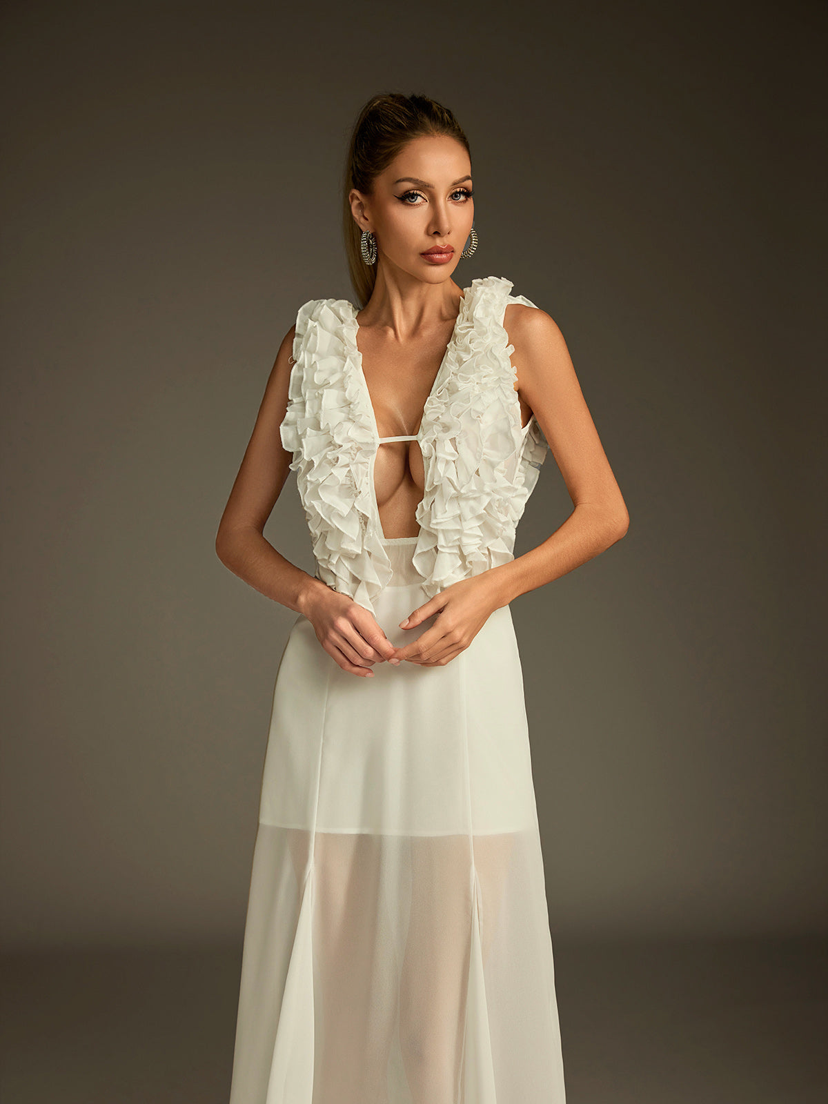 Plunge Neck Ruffle Mesh Midi Dress