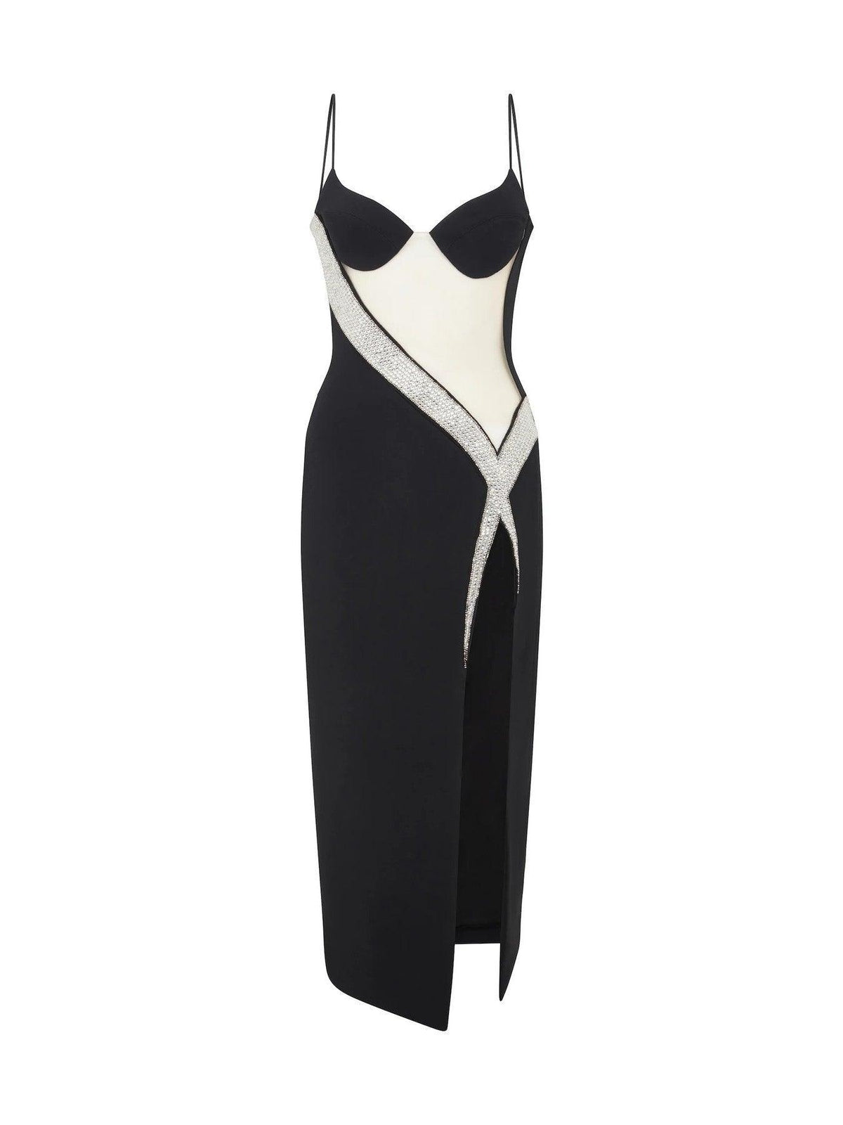 Spaghetti Strap Rhinestone Trim Sheer Panel High Slit Bodycon Midi Dress