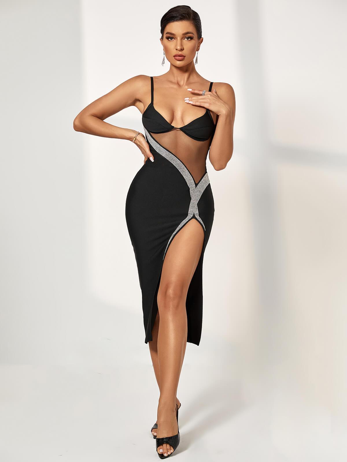 Spaghetti Strap Rhinestone Trim Sheer Panel High Slit Bodycon Midi Dress
