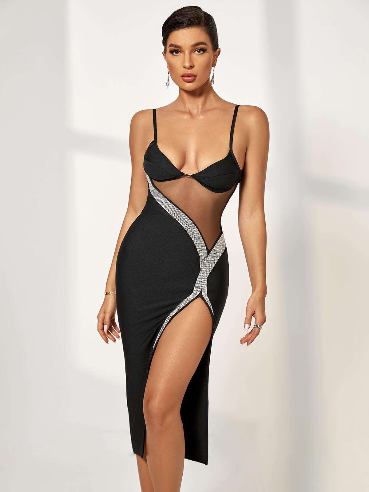 Spaghetti Strap Rhinestone Trim Sheer Panel High Slit Bodycon Midi Dress