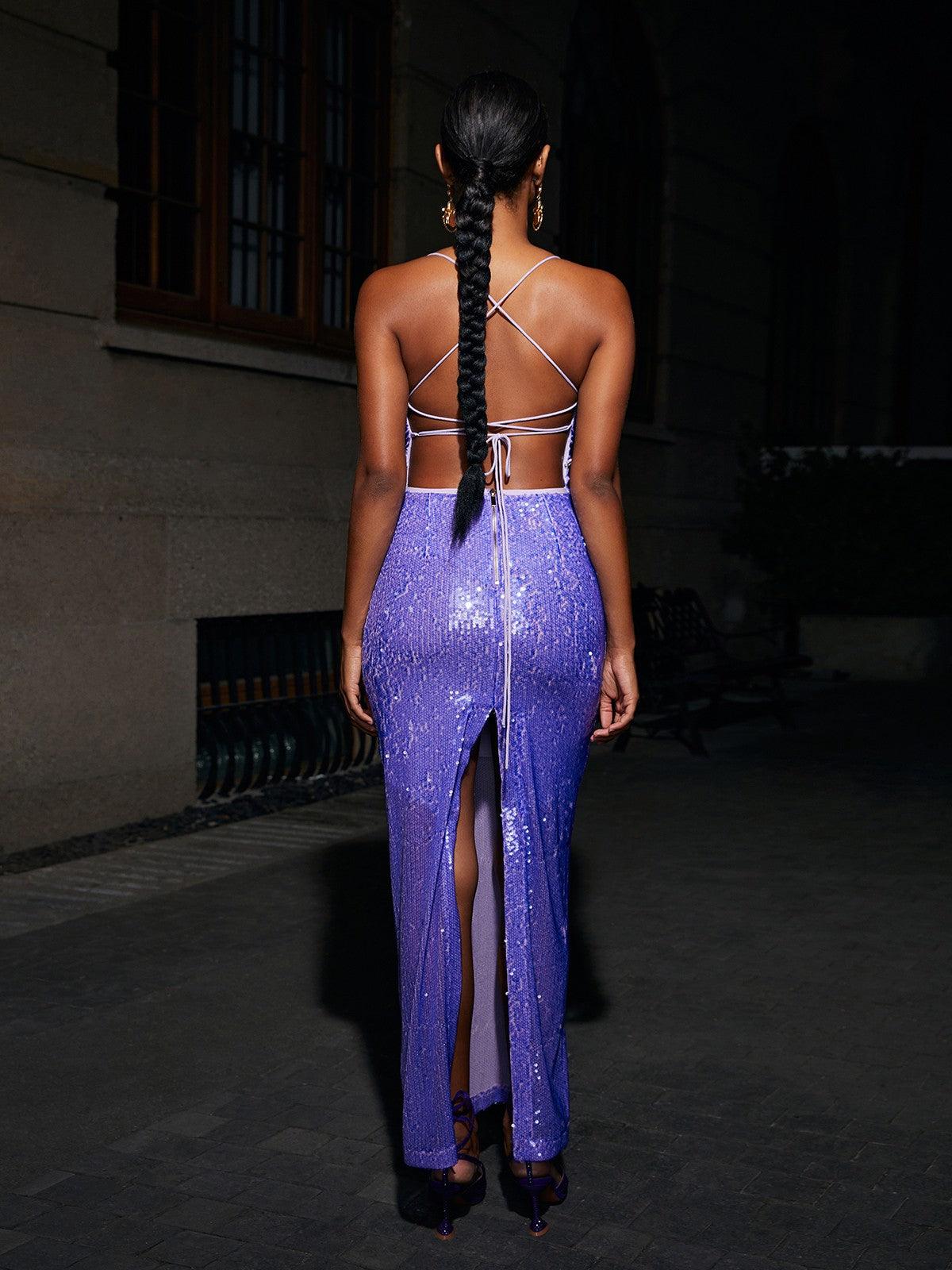 Spaghetti Strap Sequin Lace-Up Back Bodycon Maxi Dress 5