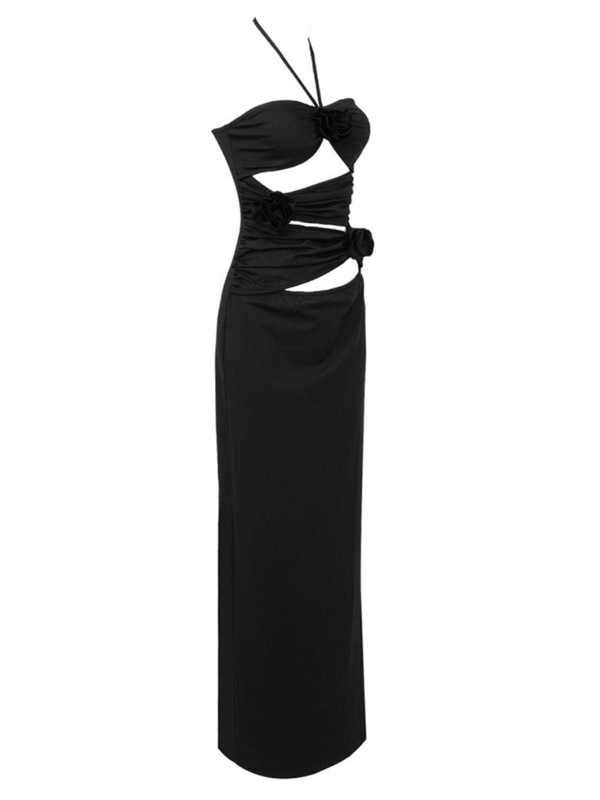 Halter Neck Rosette Applique Cutout Ruched Bodycon Maxi Dress