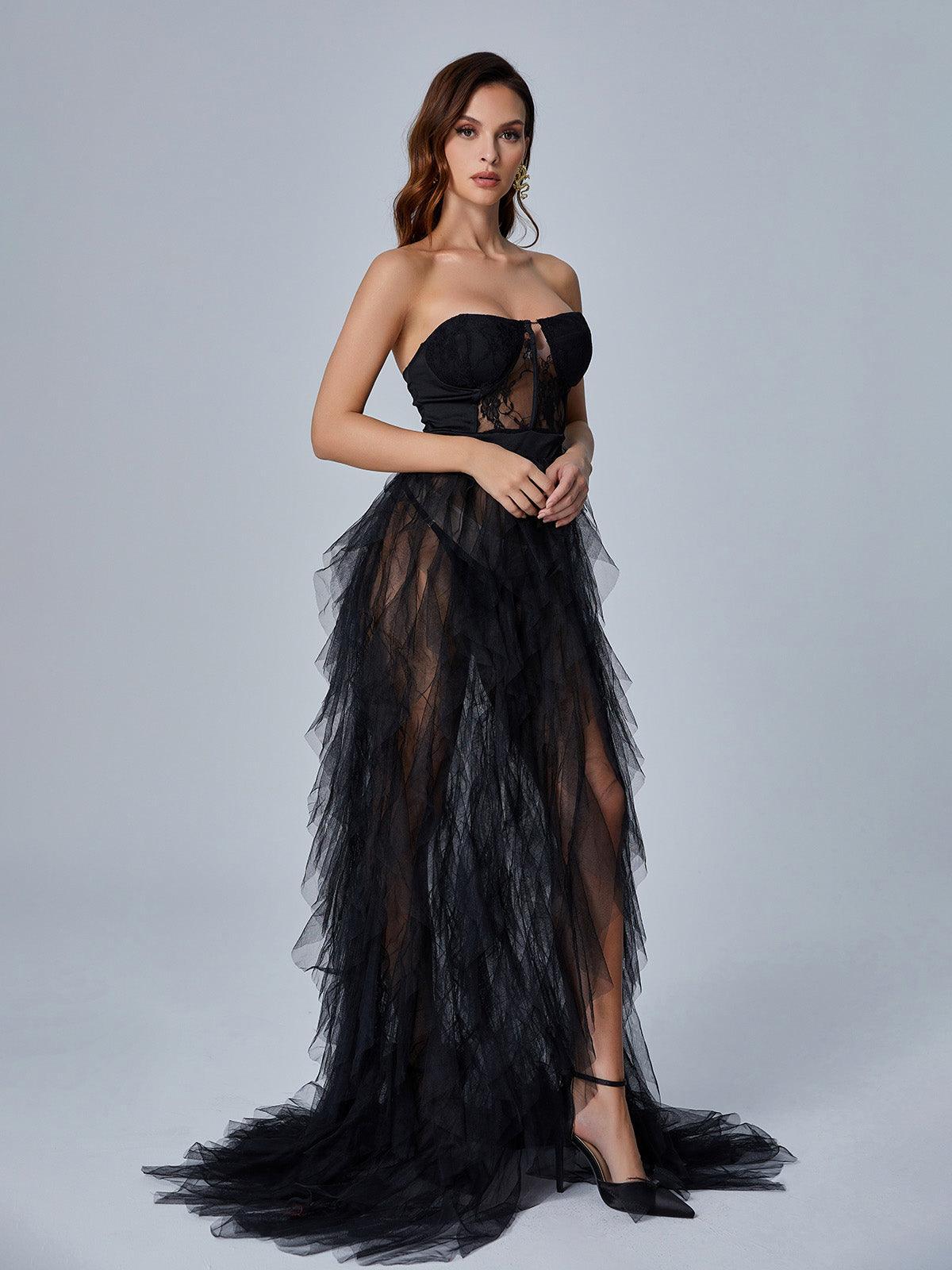 Strapless Lace Corset Ruffled Tulle High Slit A-Line Maxi Gown