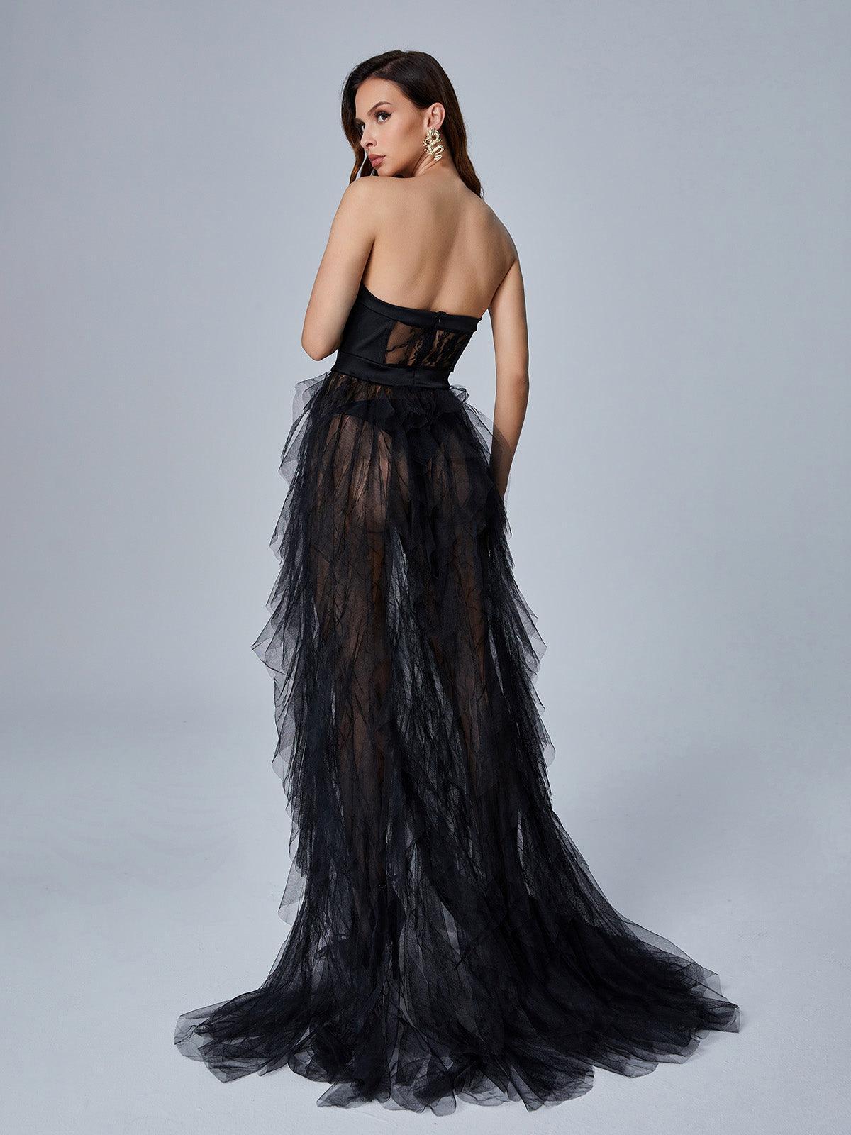 Strapless Lace Corset Ruffled Tulle High Slit A-Line Maxi Gown