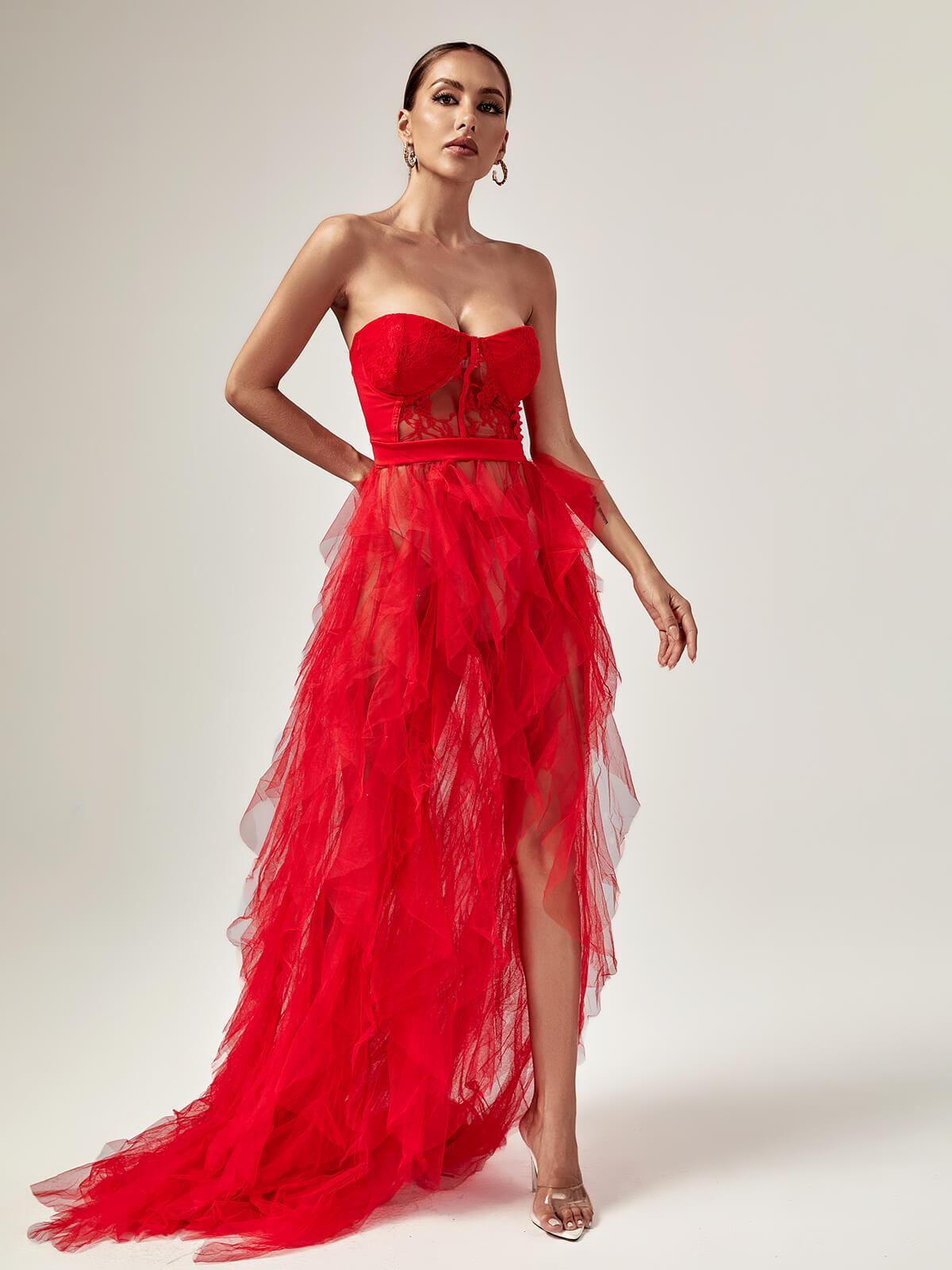 Strapless Lace Corset Tiered Tulle High Slit Maxi Gown