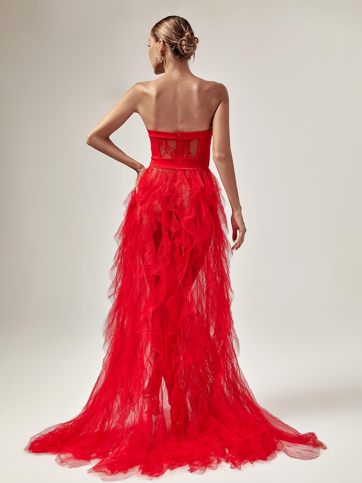 Strapless Lace Corset Tiered Tulle High Slit Maxi Gown