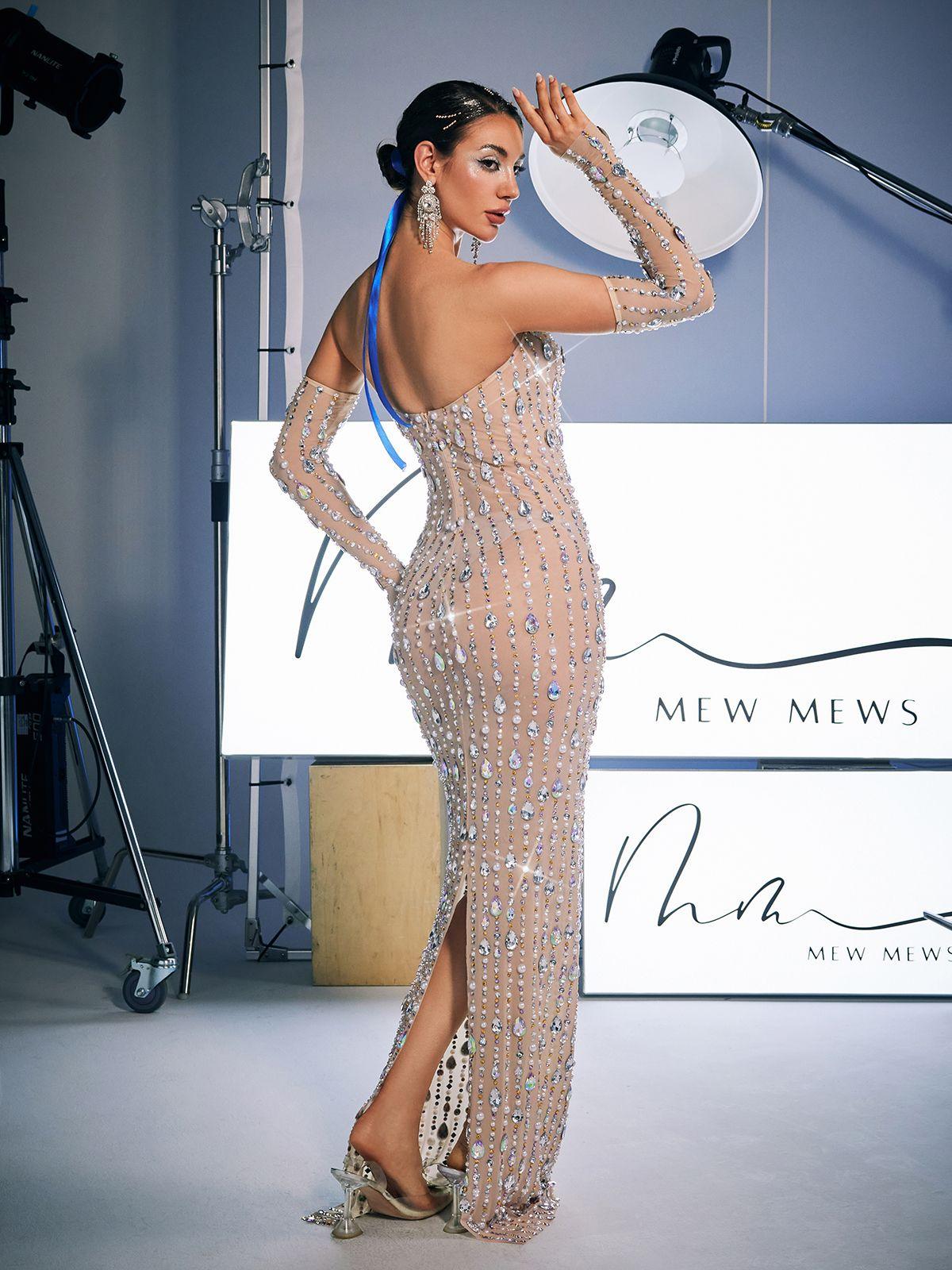 Strapless Rhinestone Maxi Dress With Gloves