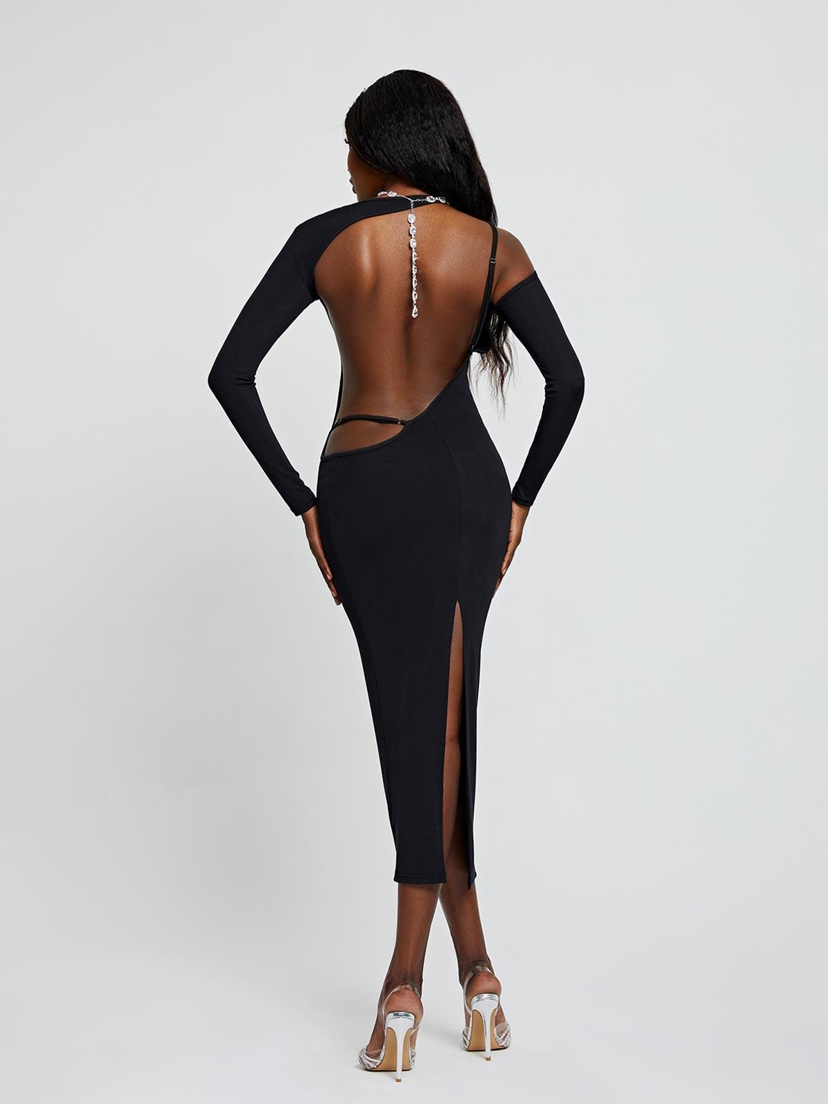 Long Sleeve Backless Cutout Rib Knit High Slit Midi Dress