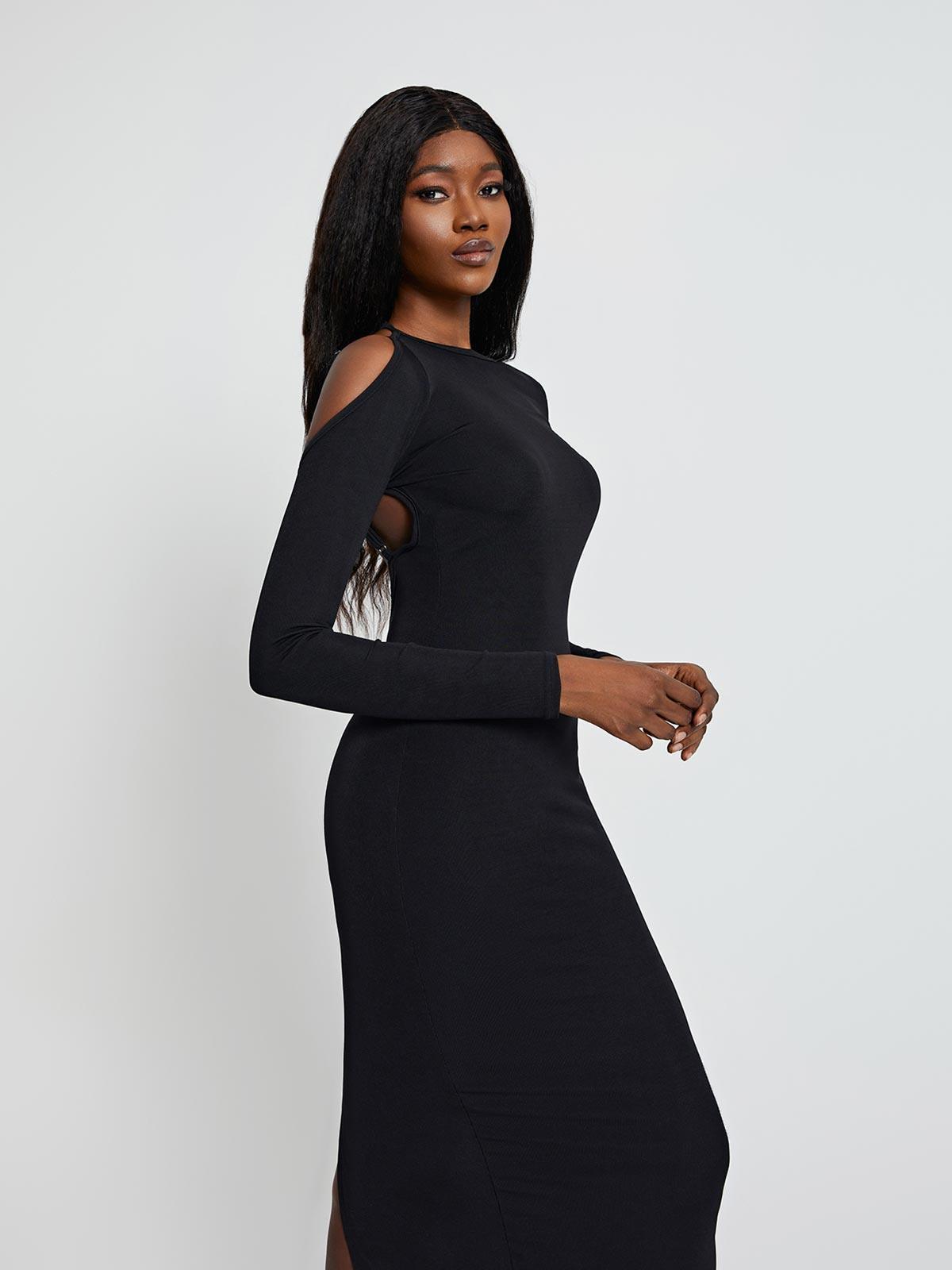 Long Sleeve Backless Cutout Rib Knit High Slit Midi Dress