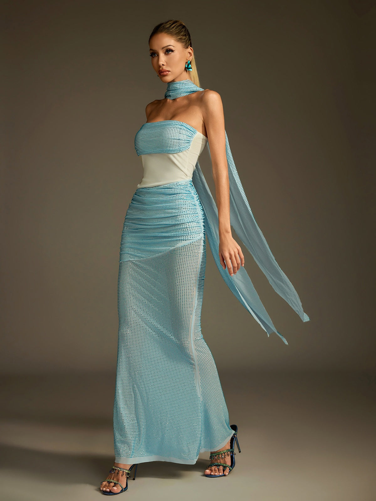 Rhinestone Scarf Mesh Maxi Dress