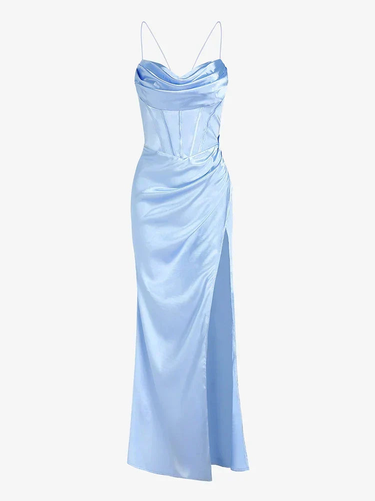 Elegant Satin Cowl Front Lace Up Corset Red Christmas Party Dress Light Blue / S Dresses-L