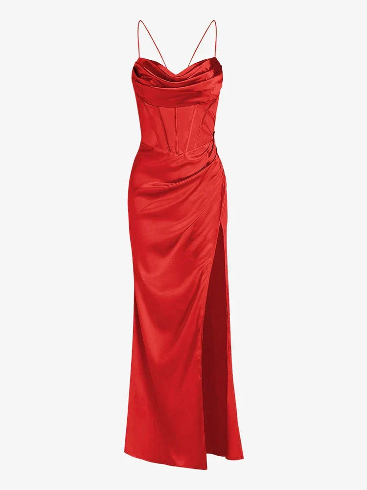 Elegant Satin Cowl Front Lace Up Corset Red Party Dress