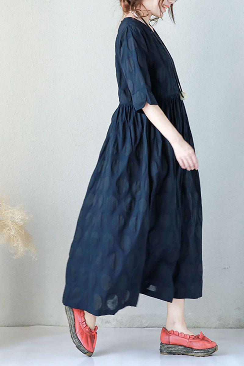 Blue Plus Size Casual Cotton Linen Dresses For Women