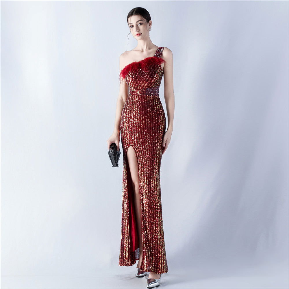 Dress Heavy Industry Beads Single Shoulder Diagonal Collar High Fork Sequined Dinner Dress
