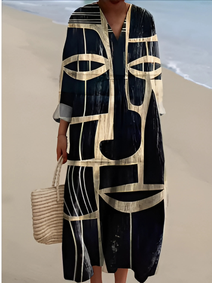 V-Neck Abstract Print Long Sleeve Relaxed Maxi Dress