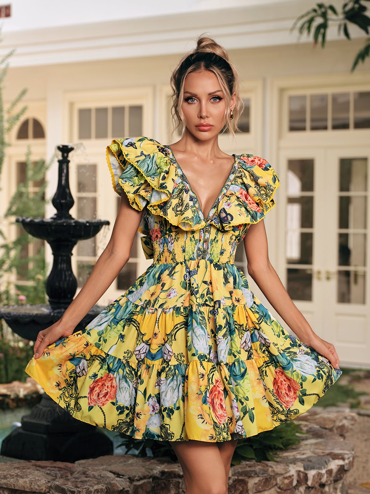 V Neck Ruffle Printed Mini Dress