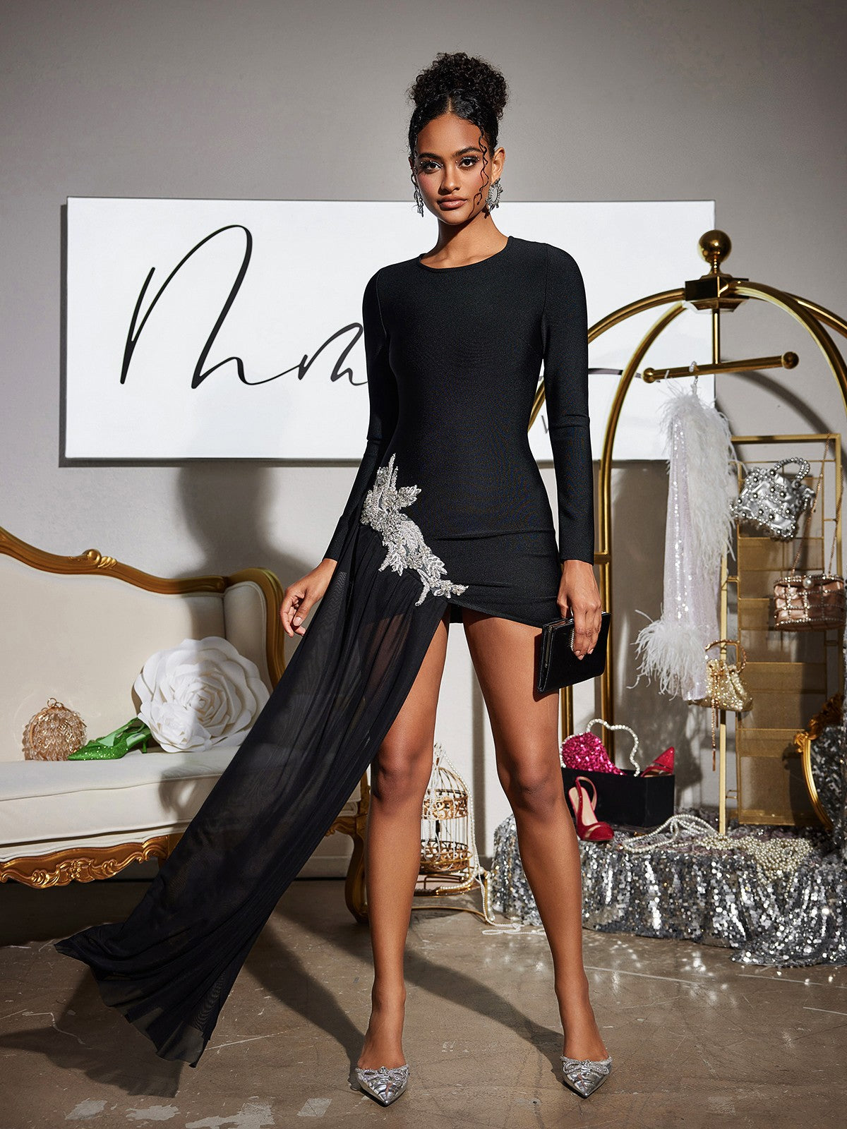 Long Sleeve Crystal Bandage Dress