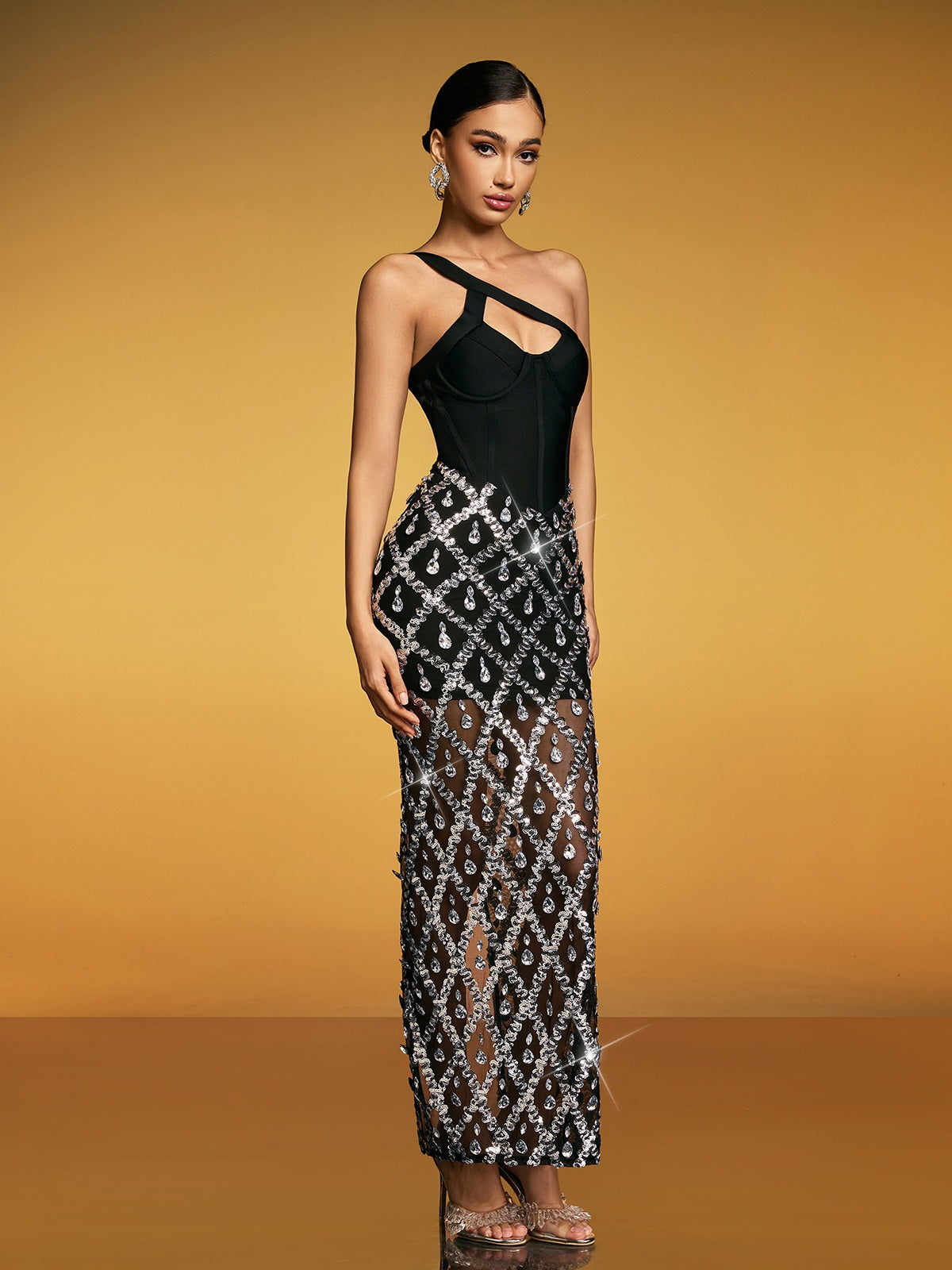 Sequin Crystal Split Bandage Maxi Dress