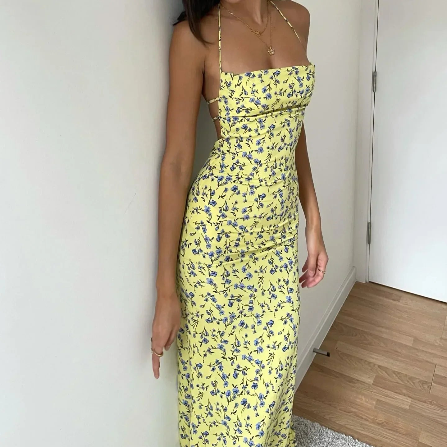 Lace-Up Halter Floral Backless Bodycon Dress Yellow / S floraldress-250126