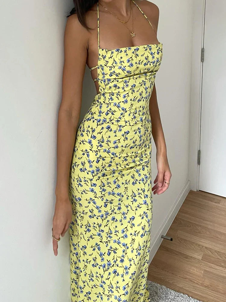 Dulzura Lace Up Halter Floral Long Bodycon Club Streetwear Sun Midi Dresses