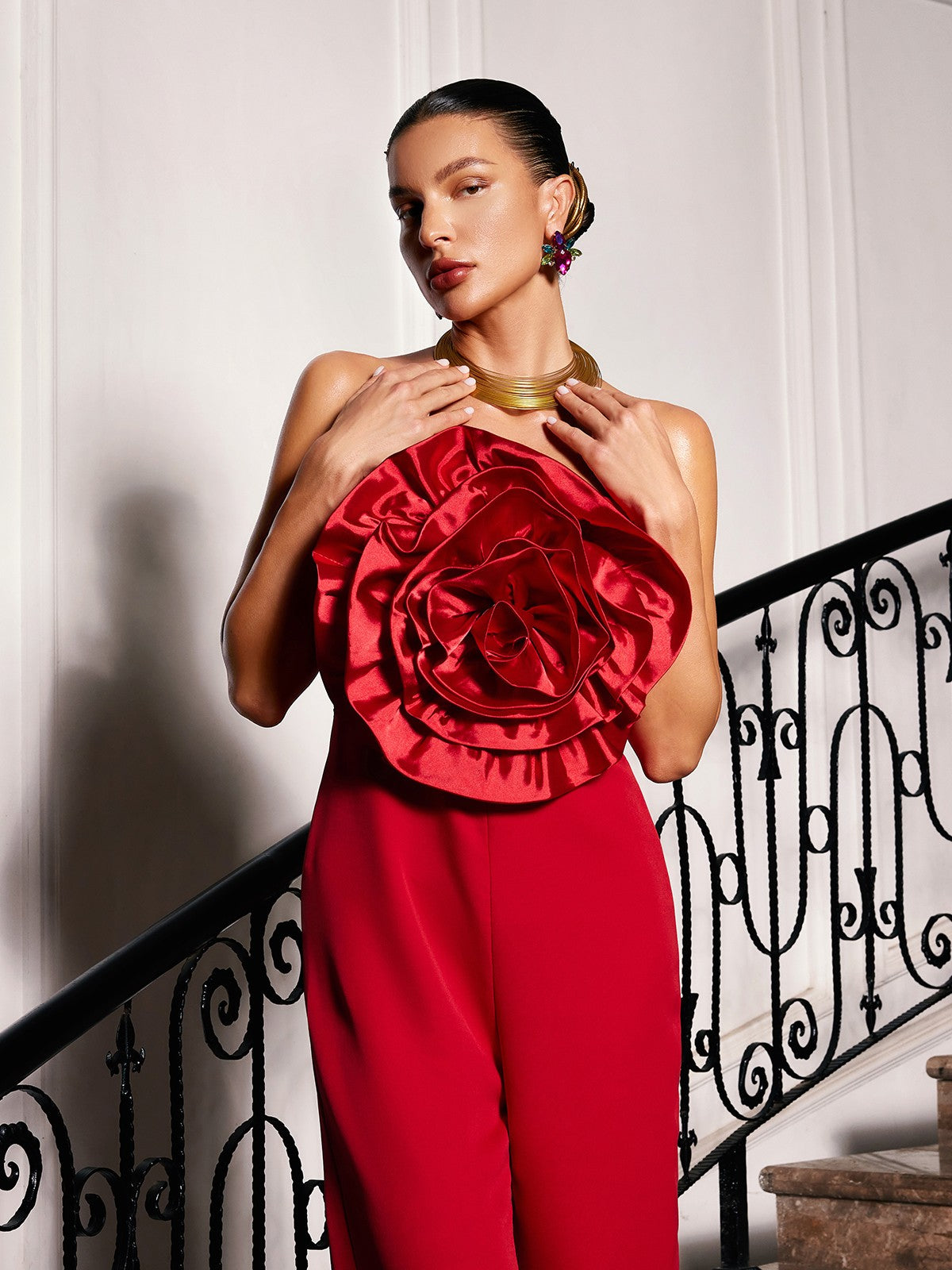 Strapless Flower Jumpsuit In Red