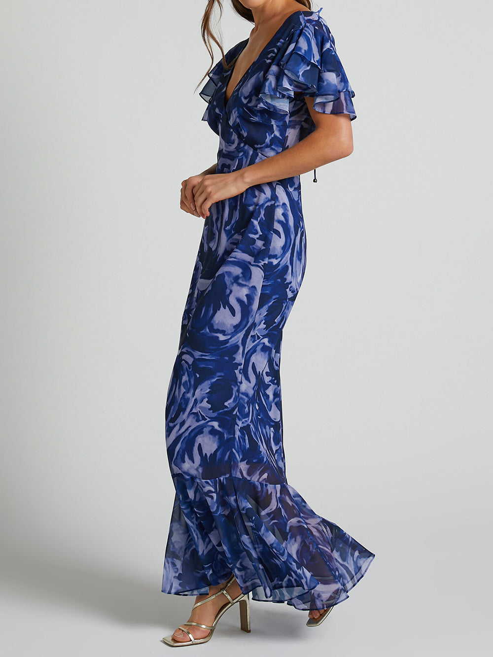 Blue Swirl V Neck Flutter Sleeve Maxi Dress