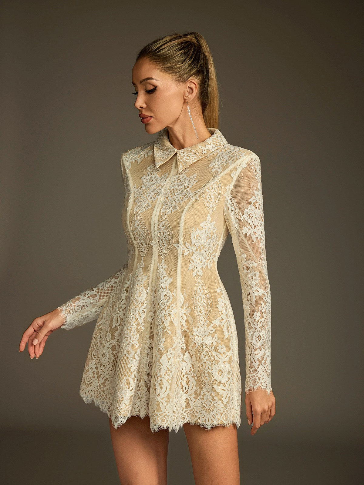 Folded Collar Sequin Lace Mini Dress