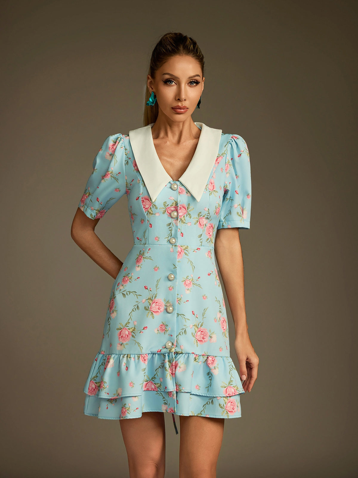 V Neck Lace Up Floral Dress In Sky