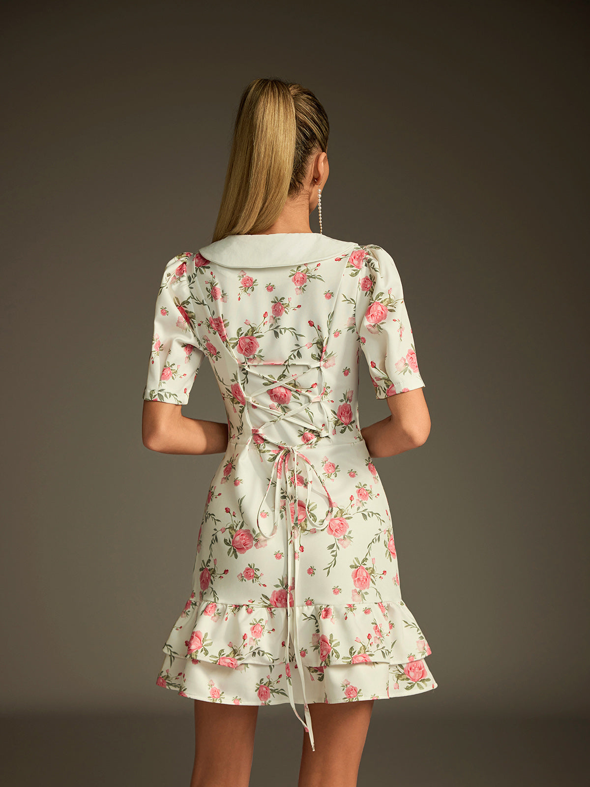 V Neck Lace Up Floral Dress In White