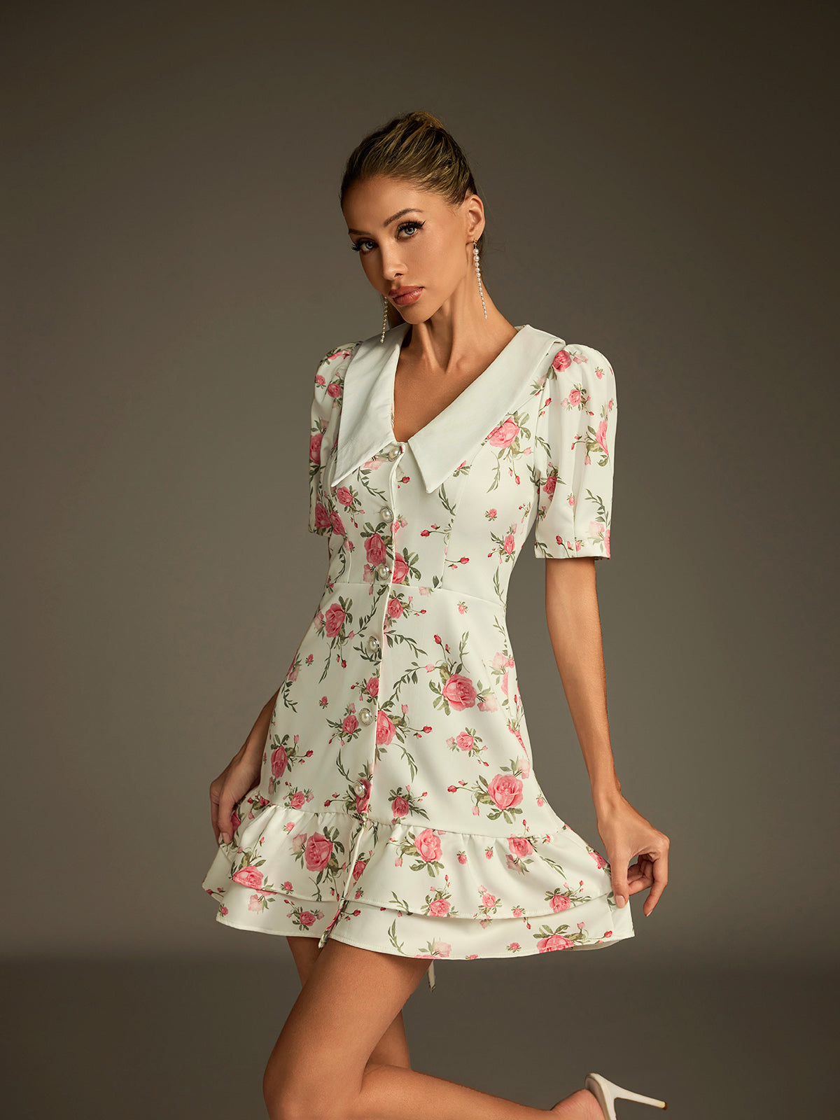 V Neck Lace Up Floral Dress In White