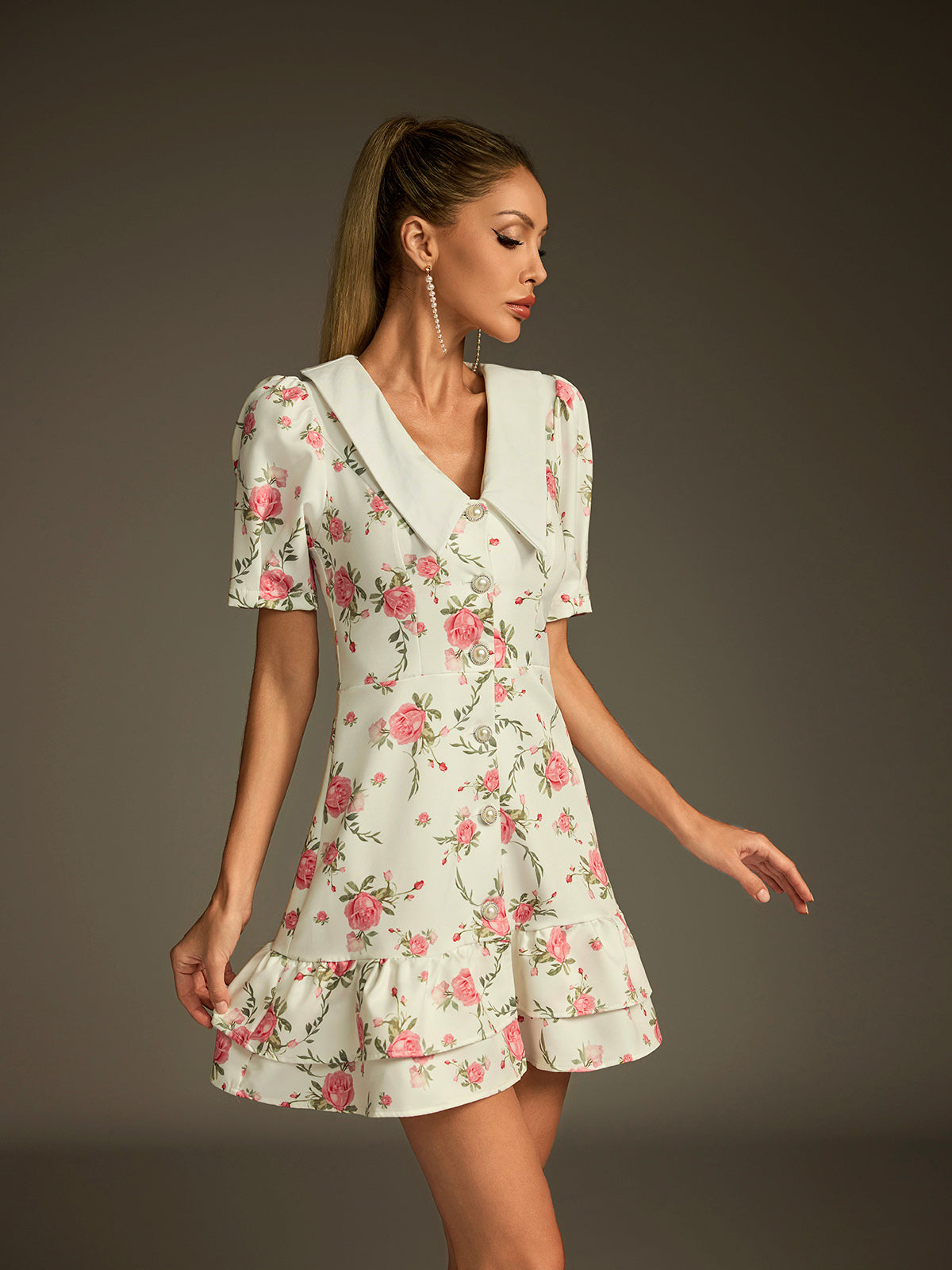 V Neck Lace Up Floral Dress In White