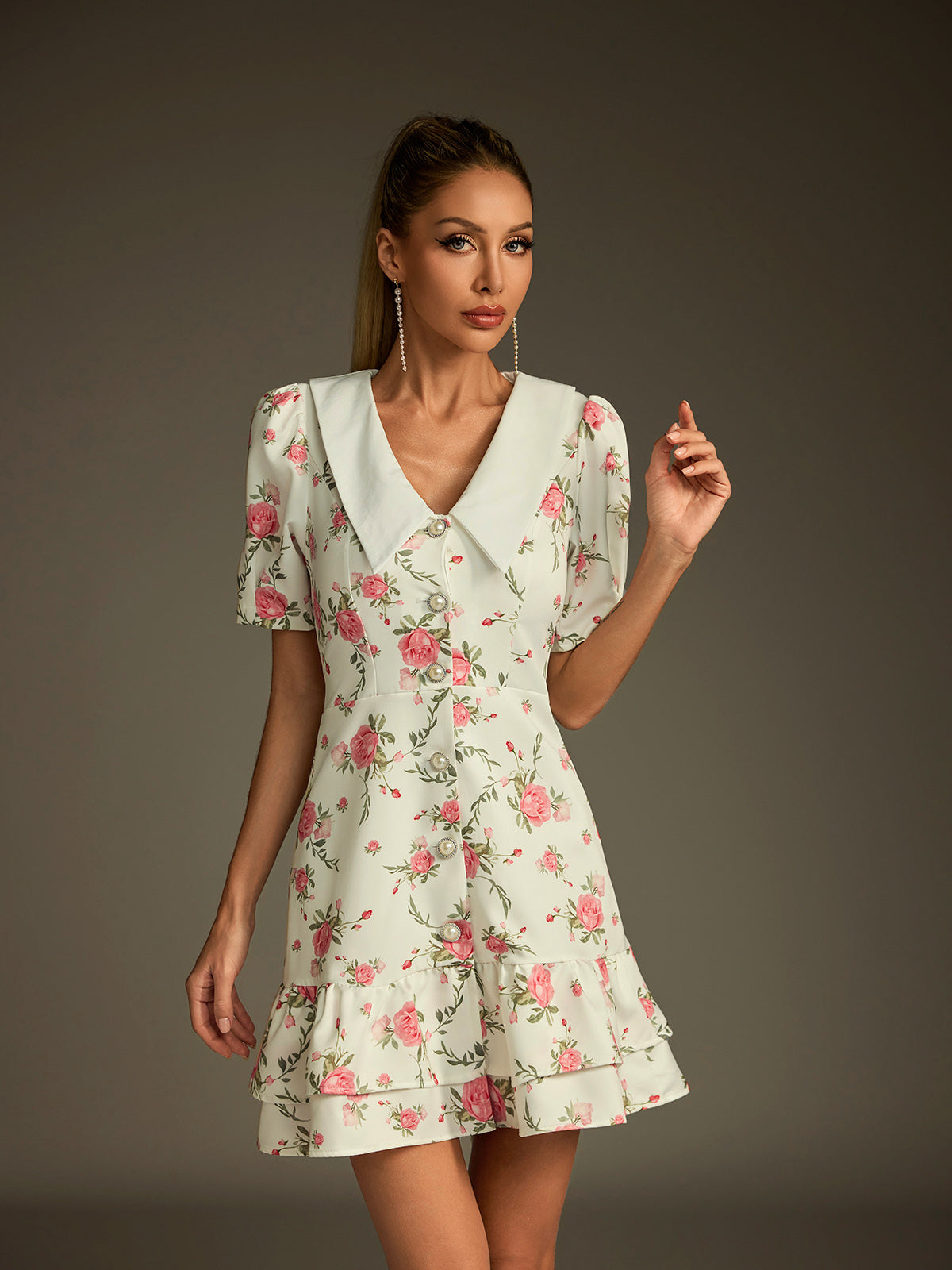 V Neck Lace Up Floral Dress In White