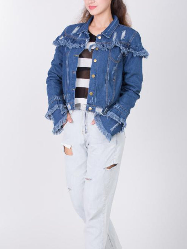 Blue Collared Distressed Frayed Trim Button Front Cropped Denim Jacket