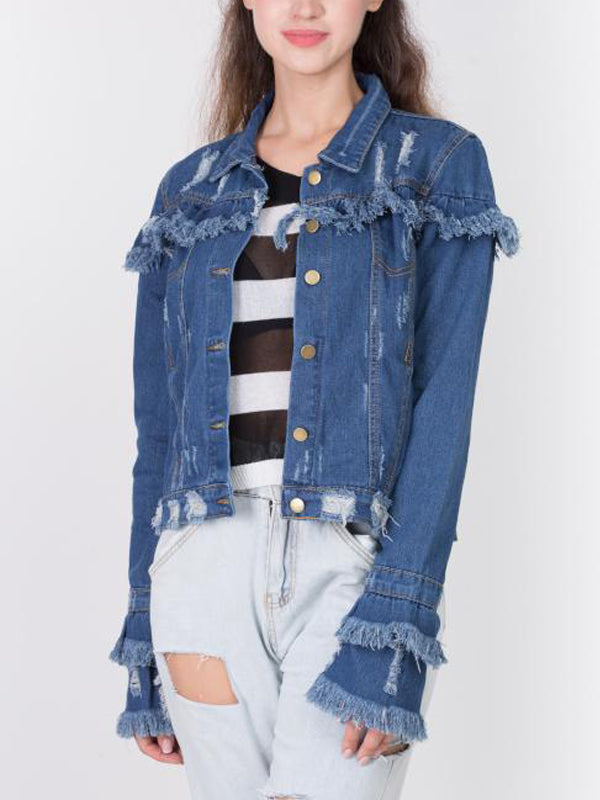 Blue Collared Distressed Frayed Trim Button Front Cropped Denim Jacket