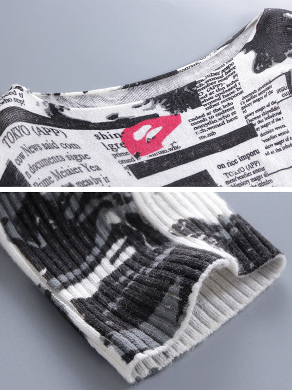 Boat Neck Batwing Sleeve Newspaper Print Oversized Knit Sweater 12