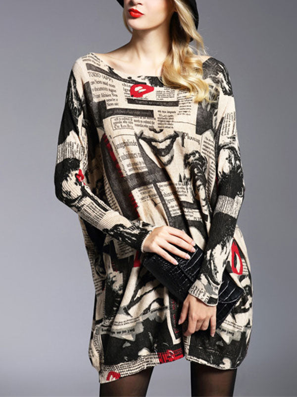 Boat Neck Batwing Sleeve Newspaper Print Oversized Knit Sweater