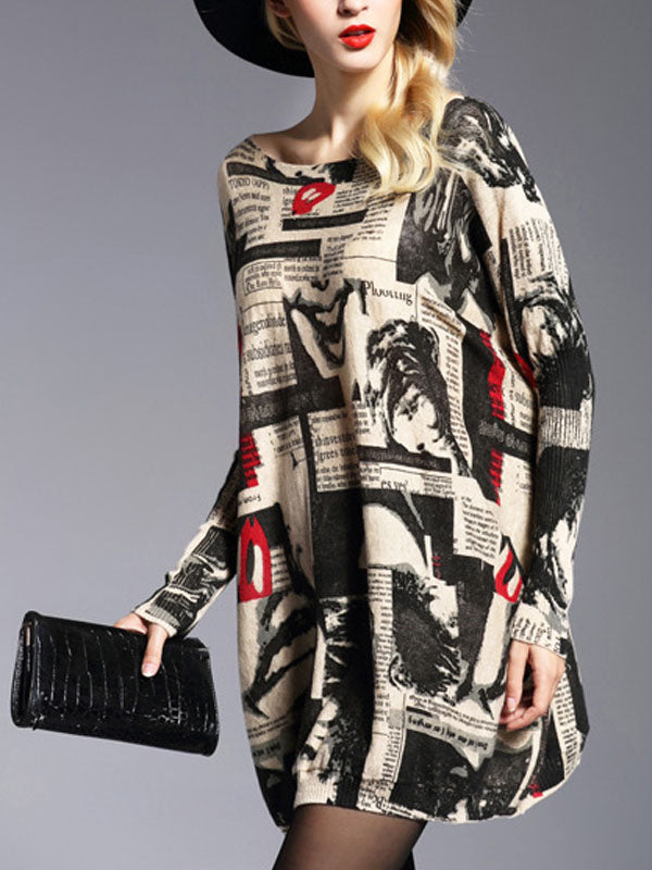 Boat Neck Batwing Sleeve Newspaper Print Oversized Knit Sweater 5