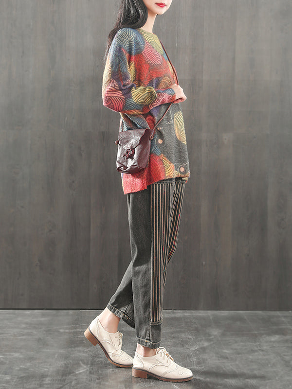 Multi Color Round Neck Cat Yarn Ball Print Knit Sweater