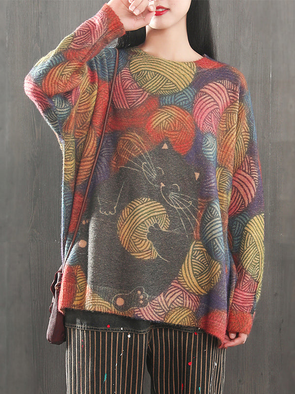 Multi Color Round Neck Cat Yarn Ball Print Knit Sweater