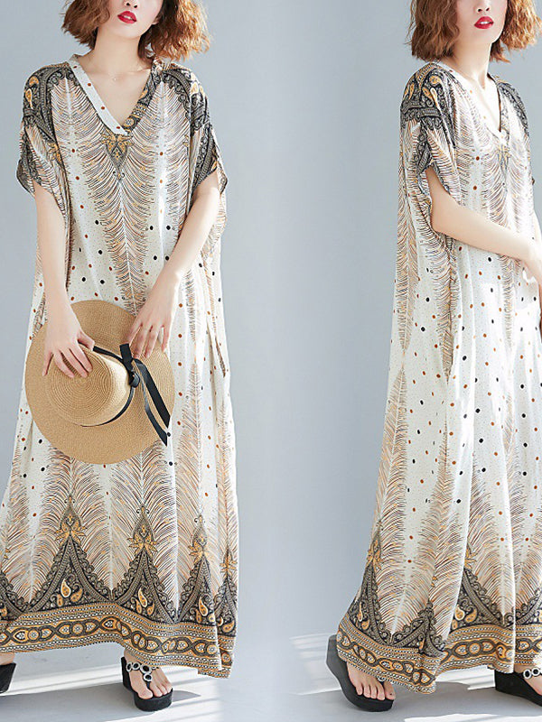 V-Neck Short Sleeve Peacock Feather Print Kaftan Maxi Dress