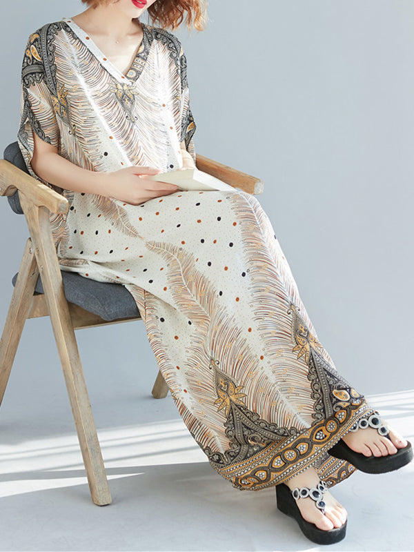 V-Neck Short Sleeve Peacock Feather Print Kaftan Maxi Dress
