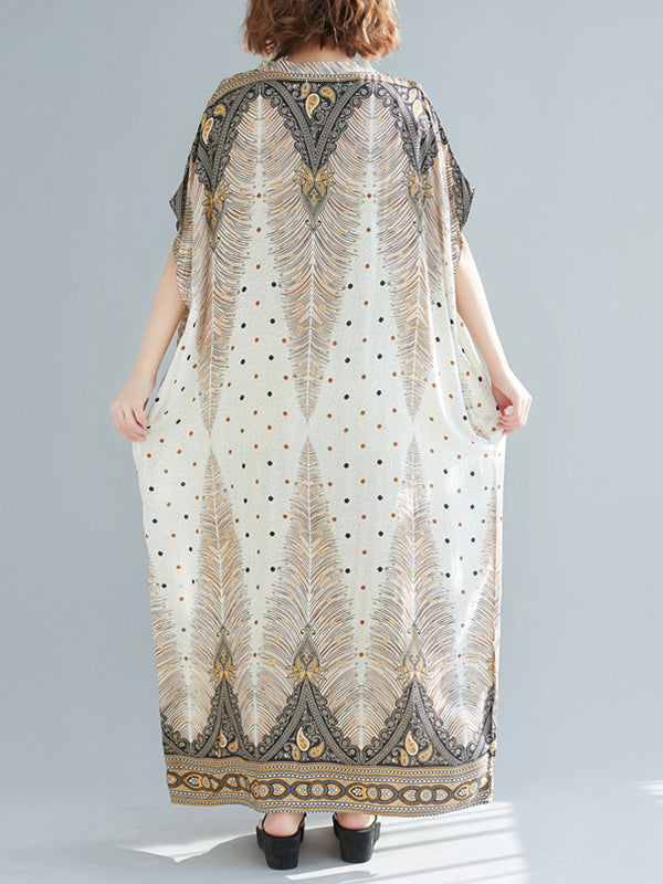V-Neck Short Sleeve Peacock Feather Print Kaftan Maxi Dress