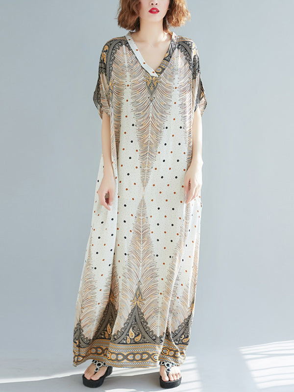 V-Neck Short Sleeve Peacock Feather Print Kaftan Maxi Dress