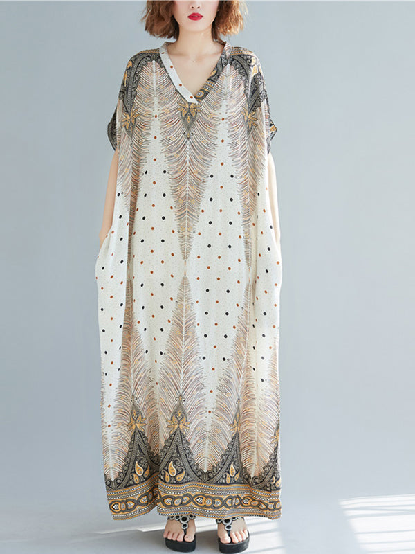 V-Neck Short Sleeve Peacock Feather Print Kaftan Maxi Dress