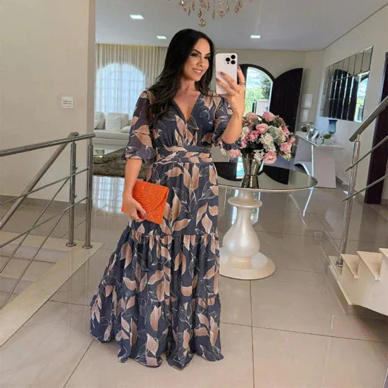 V-Neck Leaf Print Puff Sleeve Tiered A-Line Maxi Dress 3