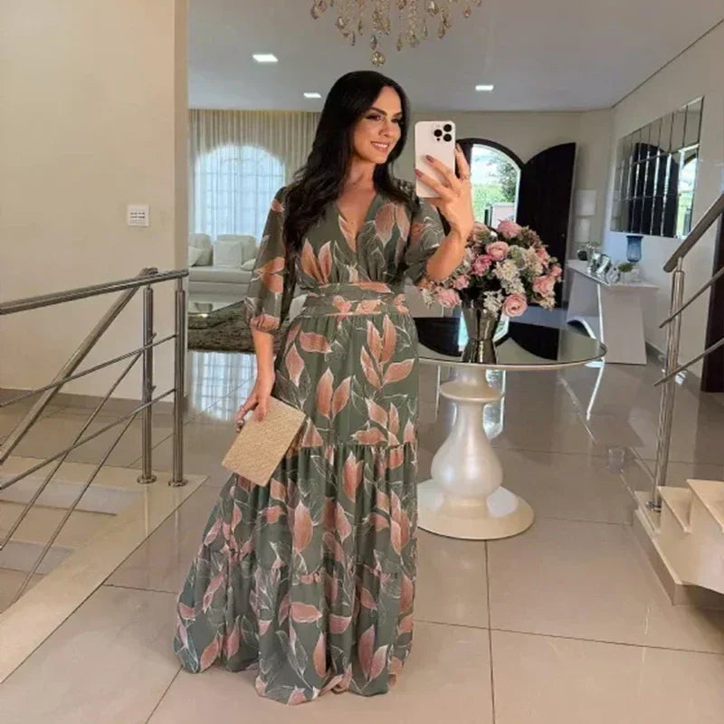 V-Neck Leaf Print Puff Sleeve Tiered A-Line Maxi Dress 2