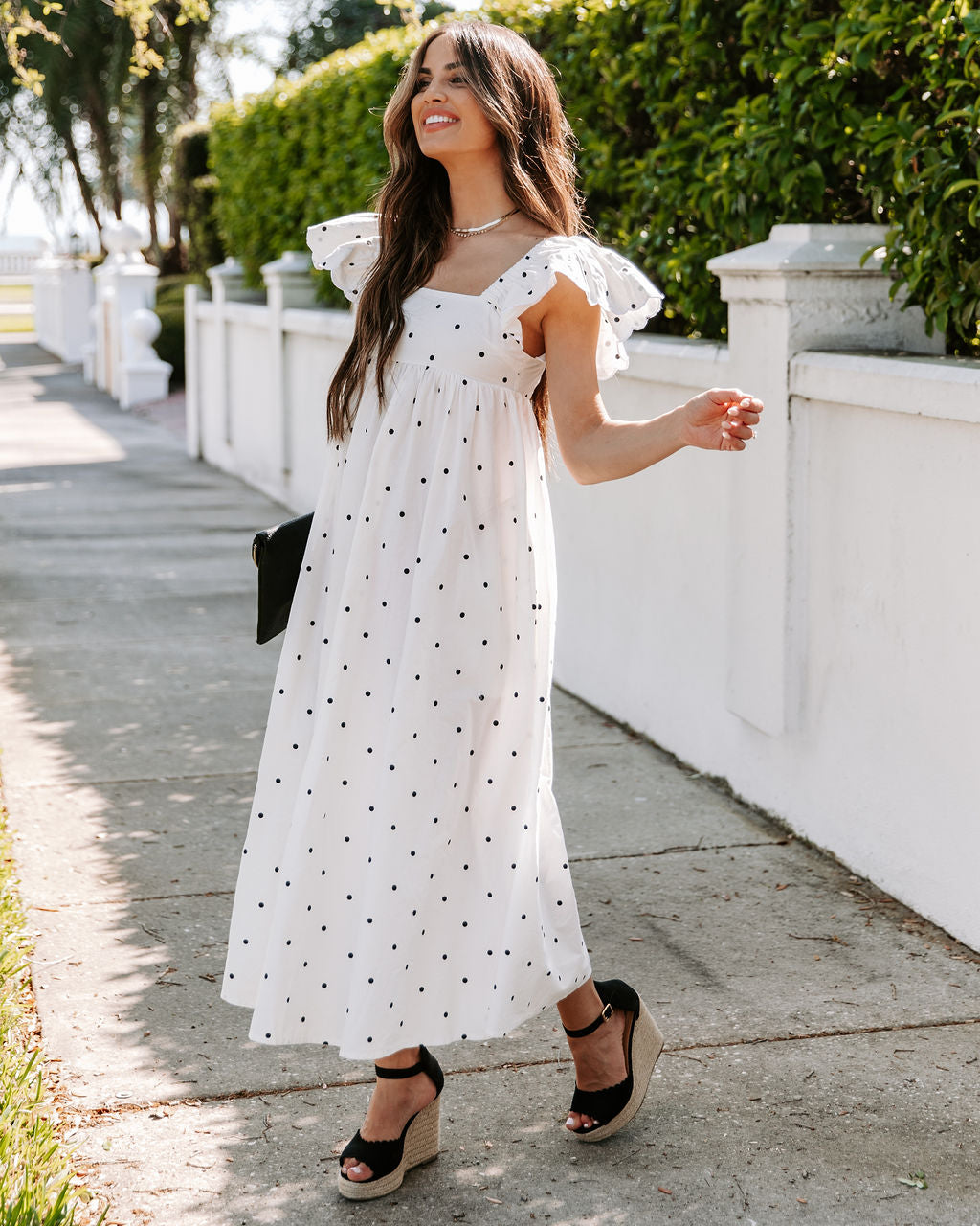 Edith Cotton Pocketed Polka Dot Midi Dress White